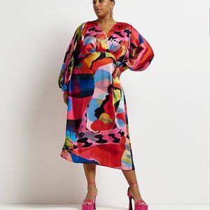 River Island PLUS PINK PRINTED SATIN MIDI WRAP DRESS